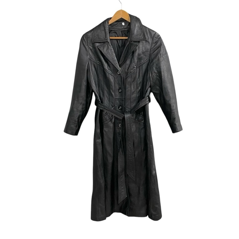 VINTAGE Leather Belted Trench Coat Black M